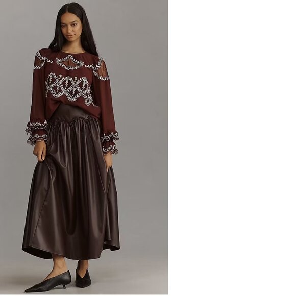 Anthropologie Tops - By Anthropologie Long-Sleeve Appliqué Blouse TOP XS new wine